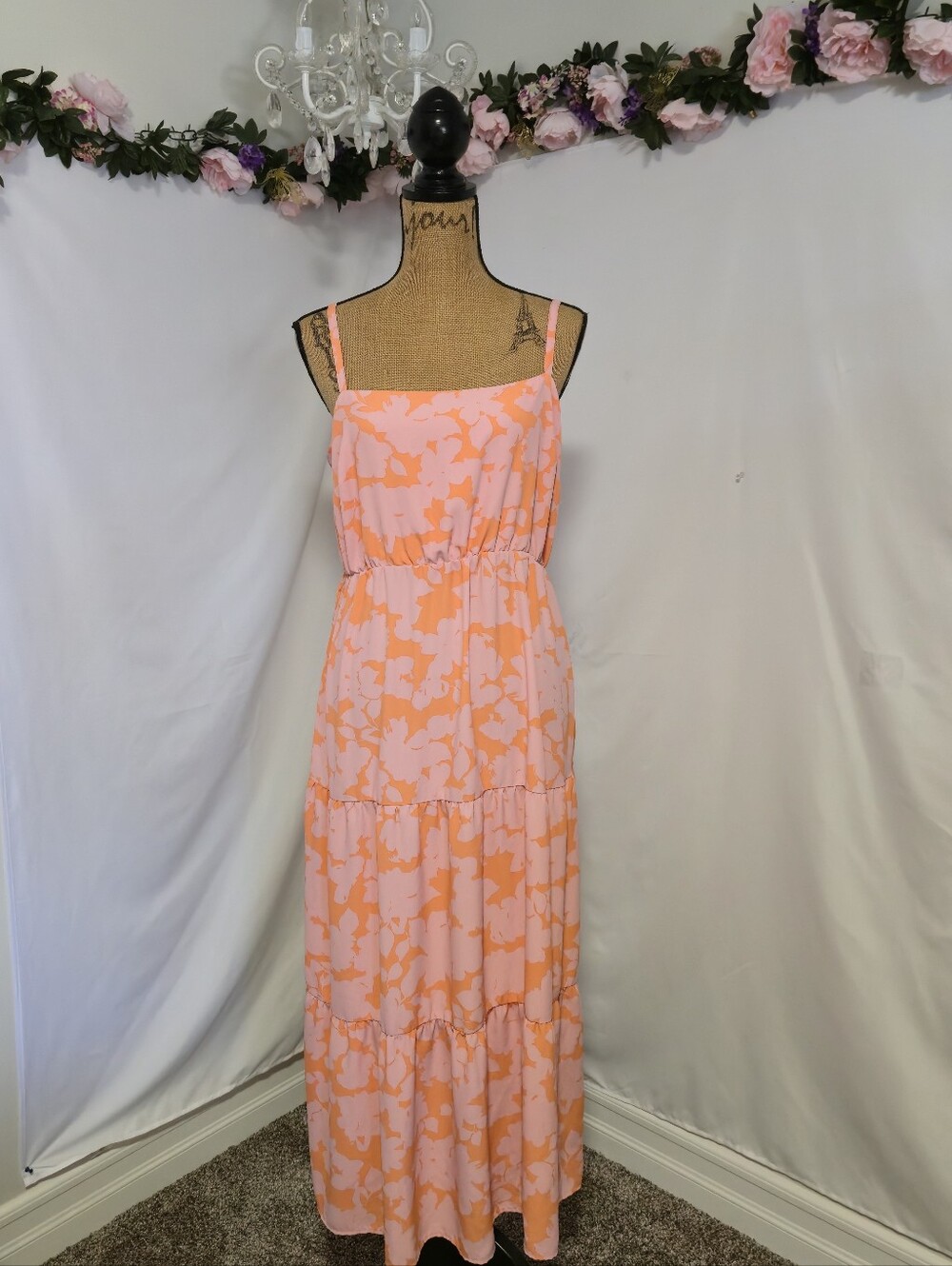 Sleeveless Pink & Orange Floral Maxi Dress with Tiered Skirt